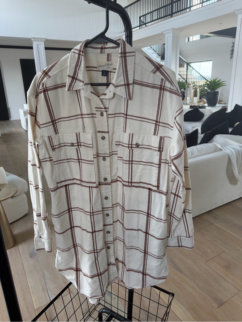 Oversized Cream Plaid Button-Down Shirt - Women's